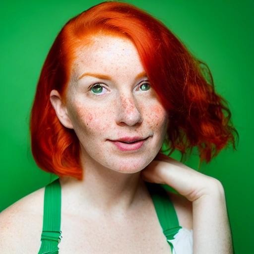 Image with seed 832360599 generated via Stable Diffusion through @stablehorde@sigmoid.social. Prompt: a professional portrait photo of a beautiful 30 years old woman with red hair and freckles, dressed in green. 