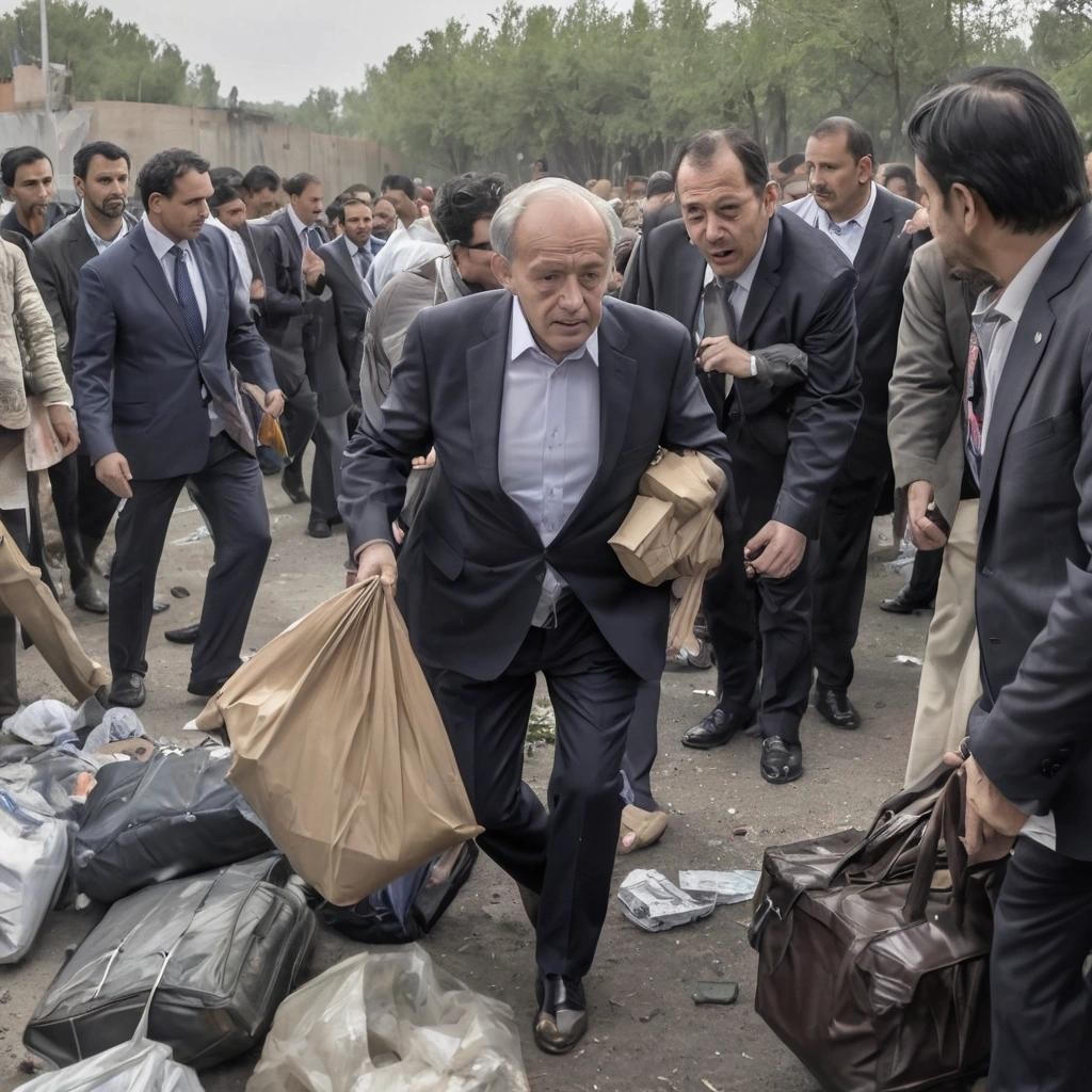 Image with seed 1395657157 generated via Stable Diffusion through @stablehorde@sigmoid.social. Prompt: a politician stealing personal belongings from refugees escaping from war