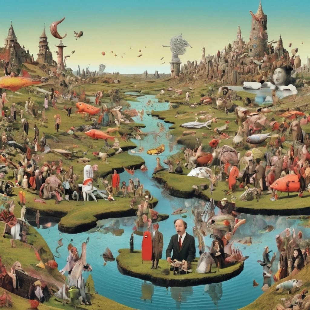 Image with seed 2745709449 generated via Stable Diffusion through @stablehorde@sigmoid.social. Prompt: How much is the fish? Surreal dadaist collage of strange people doing strange things in a fantastically weird outlandish landscape, very silly, magical, dada, dadaism, surrealism, Terry Gilliam, Monty Python
