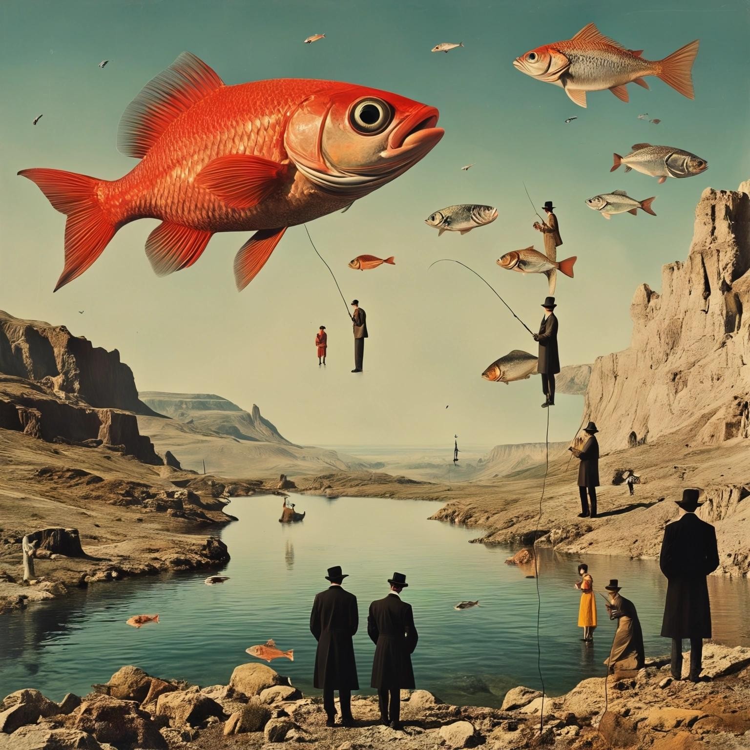 Image with seed 341687320 generated via Stable Diffusion through @stablehorde@sigmoid.social. Prompt: How much is the fish? Surreal dadaist collage of strange people doing strange things in a fantastically weird outlandish landscape, very silly, magical, dada, dadaism, surrealism, Terry Gilliam, Monty Python 
