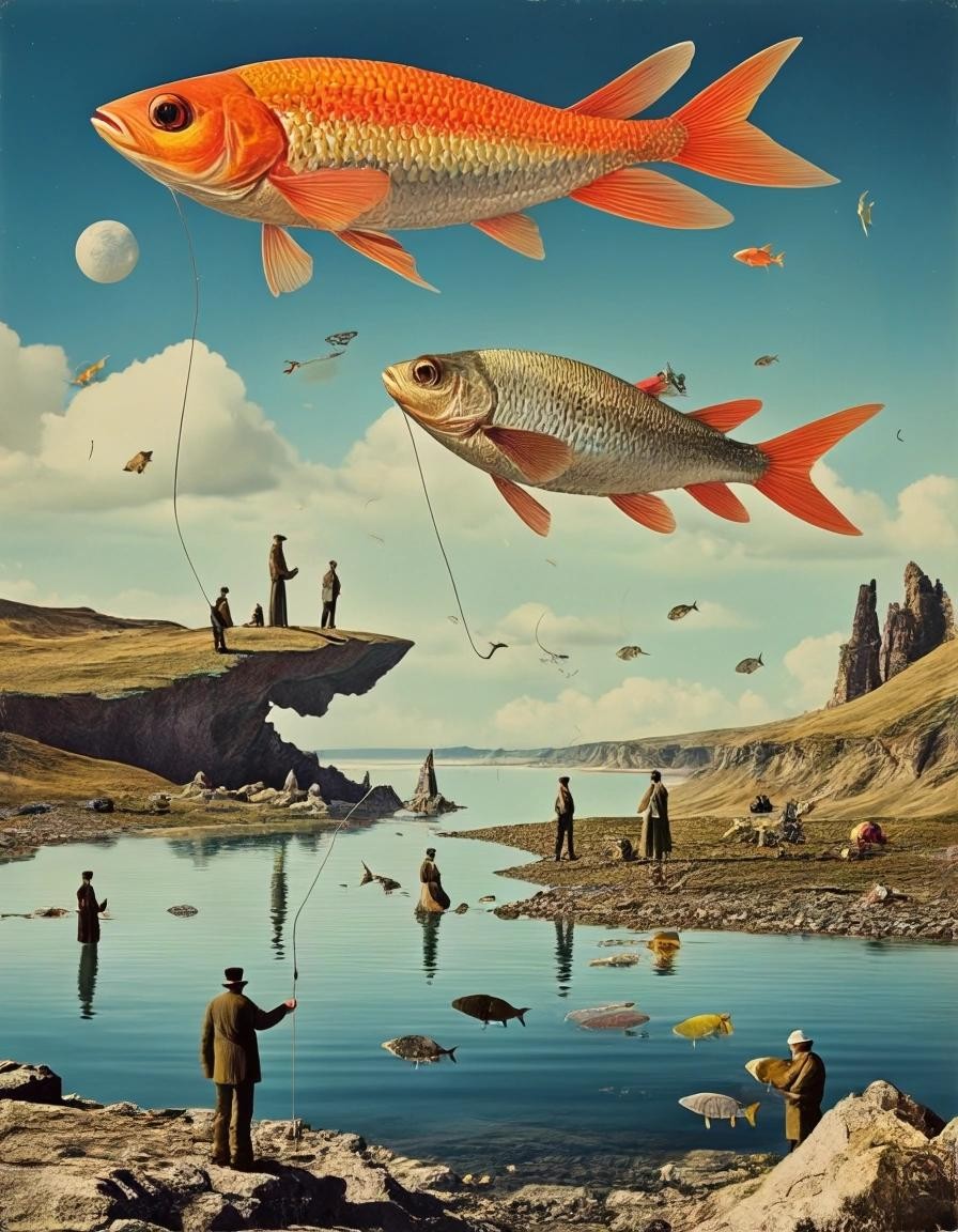 Image with seed 1688252661 generated via Stable Diffusion through @stablehorde@sigmoid.social. Prompt: How much is the fish? Surreal dadaist collage of strange people doing strange things in a fantastically weird outlandish landscape, very silly, magical, dada, dadaism, surrealism, Terry Gilliam, Monty Python 