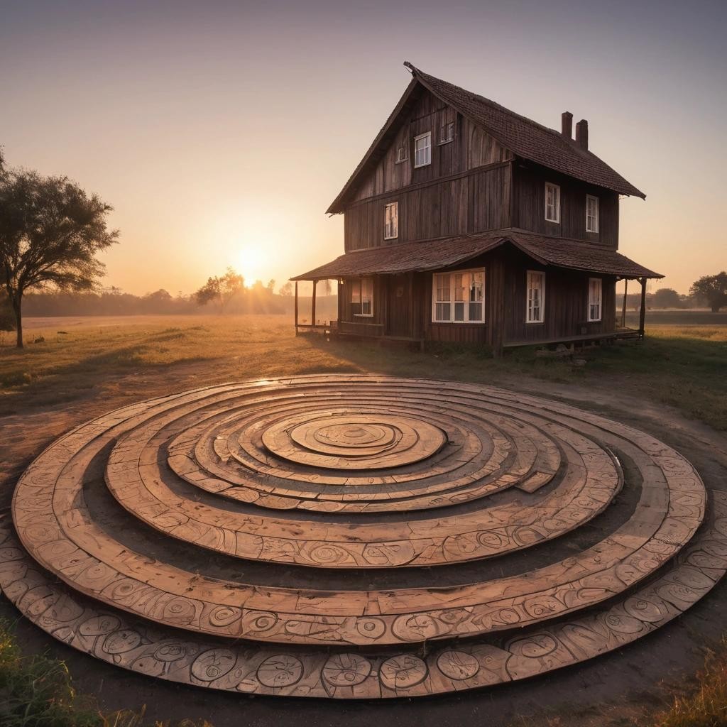Image with seed 2100930962 generated via Stable Diffusion through @stablehorde@sigmoid.social. Prompt: a photo of a old wooden house in sunset and with circular patterns in the ground