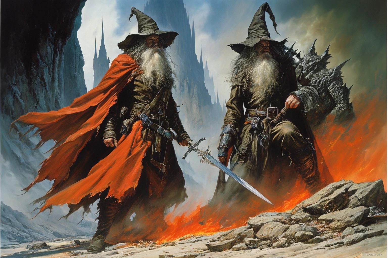 Image with seed 3320422755 generated via Stable Diffusion through @stablehorde@sigmoid.social. Prompt: An error occured. The wizard must be stopped. Fantasy, Dungeons and Dragons, poster, Julie Bell, Luis Royo, Boris Vallejo, Frank Frazetta 