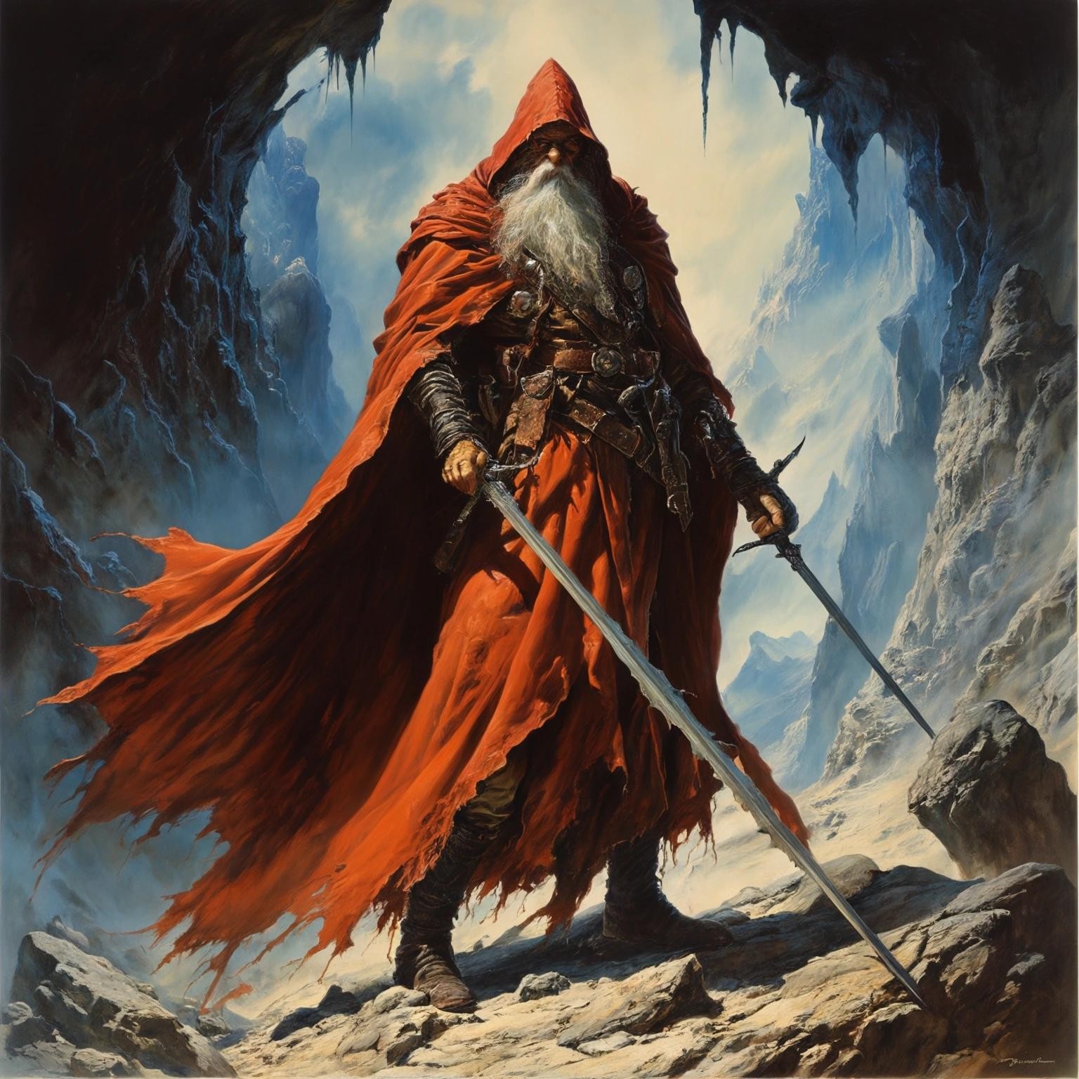 Image with seed 3052215274 generated via Stable Diffusion through @stablehorde@sigmoid.social. Prompt: An error occured. The wizard must be stopped. Fantasy, Dungeons and Dragons, poster, Julie Bell, Luis Royo, Boris Vallejo, Frank Frazetta 