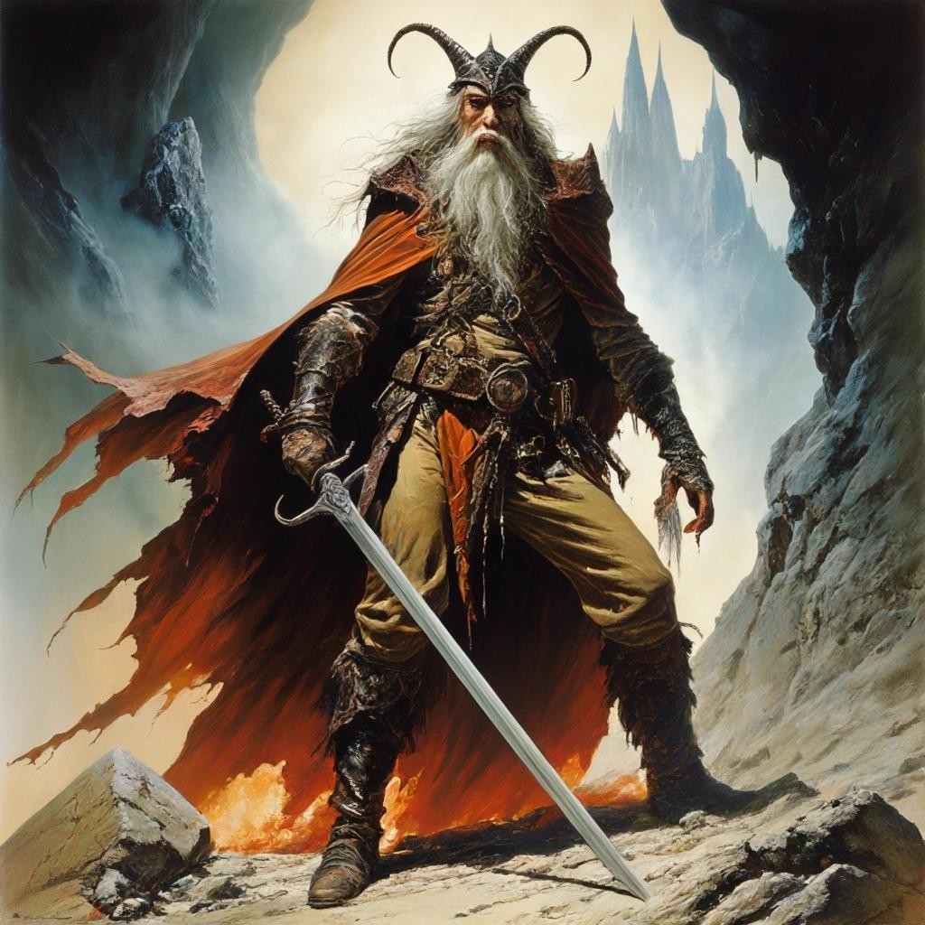 Image with seed 1632312144 generated via Stable Diffusion through @stablehorde@sigmoid.social. Prompt: An error occured. The wizard must be stopped. Fantasy, Dungeons and Dragons, poster, Julie Bell, Luis Royo, Boris Vallejo, Frank Frazetta 