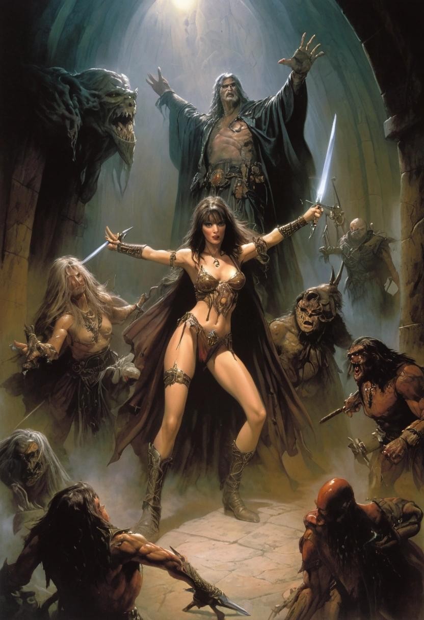 Image with seed 1175458795 generated via Stable Diffusion through @stablehorde@sigmoid.social. Prompt: An error occured. The wizard must be stopped. Fantasy, Dungeons and Dragons, poster, Julie Bell, Luis Royo, Boris Vallejo, Frank Frazetta 