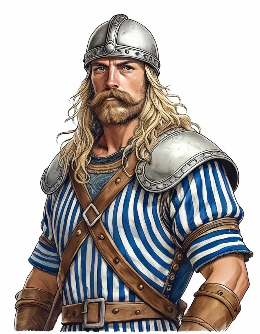 Image with seed 1368178885 generated via Stable Diffusion through @stablehorde@sigmoid.social. Prompt: A warrior from Gaul with long blond hair and a bushy moustache wearing a Celtic iron helmet and white and blue striped trousers 