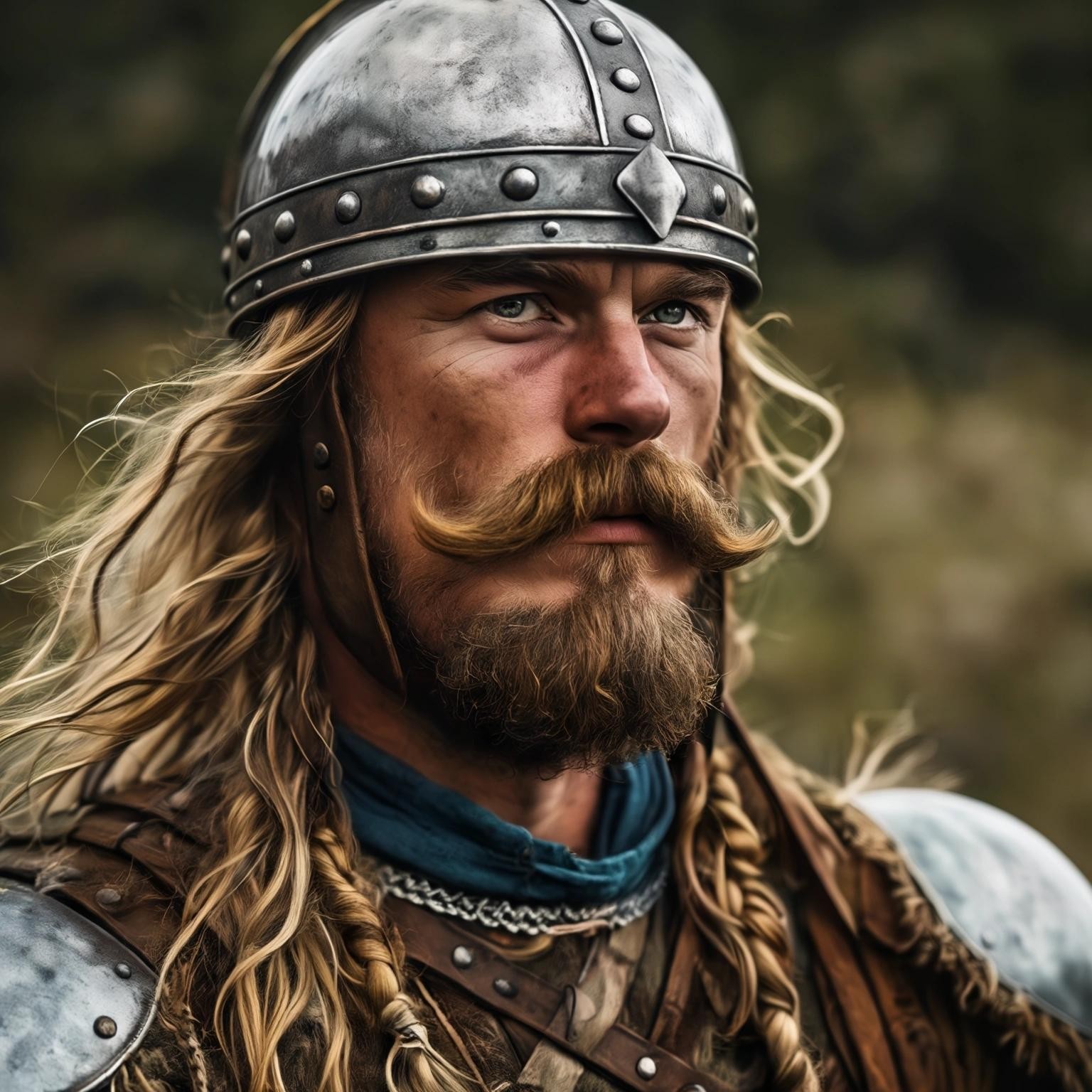 Image with seed 3455399111 generated via Stable Diffusion through @stablehorde@sigmoid.social. Prompt: A warrior from Gaul with long blond hair and a bushy moustache wearing a Celtic iron helmet and white and blue striped trousers 