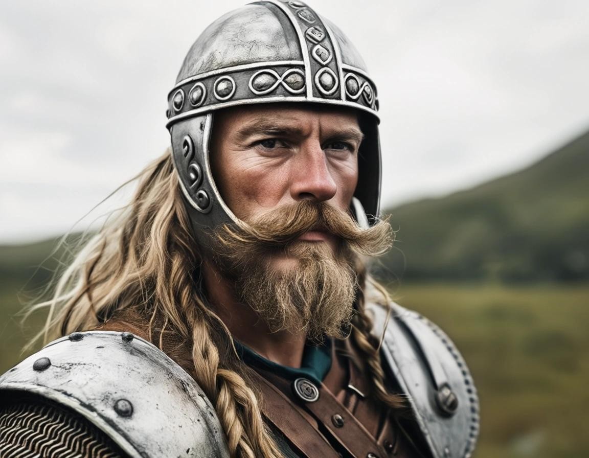 Image with seed 344112522 generated via Stable Diffusion through @stablehorde@sigmoid.social. Prompt: A warrior from Gaul with long blond hair and a bushy moustache wearing a Celtic iron helmet and white and blue striped trousers 
