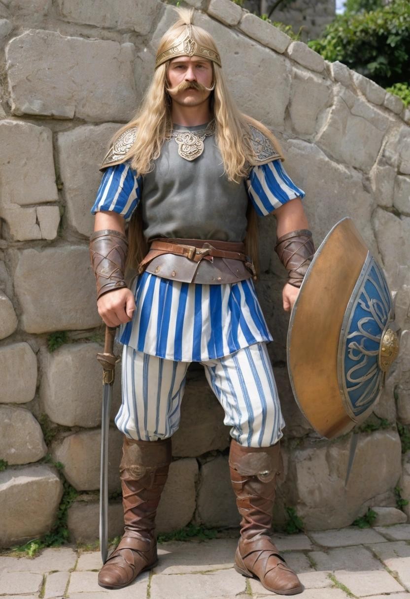 Image with seed 1550469248 generated via Stable Diffusion through @stablehorde@sigmoid.social. Prompt: A warrior from Gaul with long blond hair and a bushy moustache wearing a Celtic iron helmet and white and blue striped trousers 