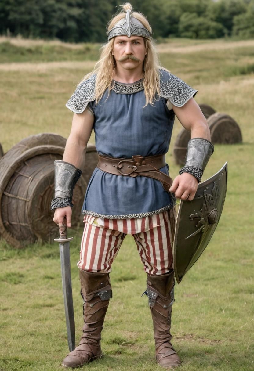 Image with seed 2875853545 generated via Stable Diffusion through @stablehorde@sigmoid.social. Prompt: A warrior from Gaul with long blond hair and a bushy moustache wearing a Celtic iron helmet and white and blue striped trousers 