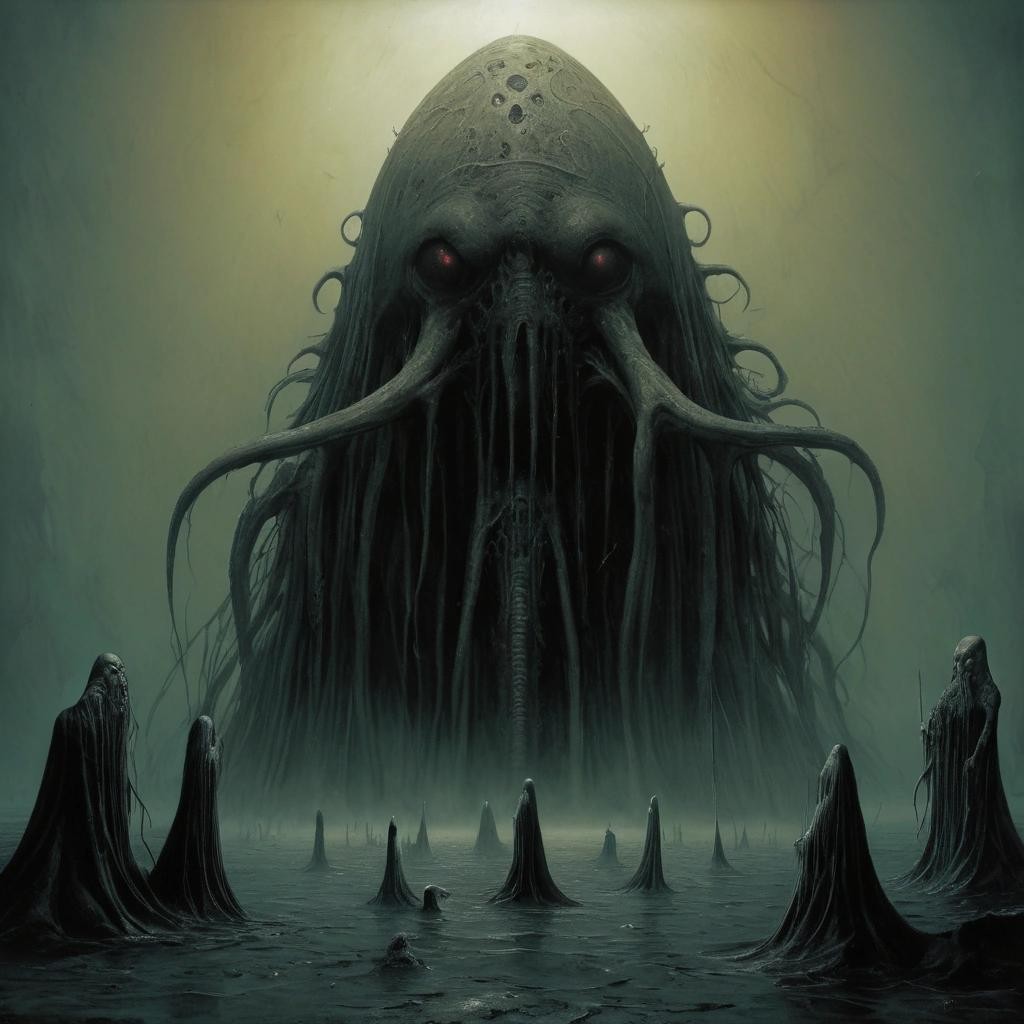 Image with seed 3259854378 generated via Stable Diffusion through @stablehorde@sigmoid.social. Prompt: Ph'nglui mglw'nafh Cthulhu R'lyeh wgah'nagl fhtagn! Surrealism, nightmare, fantasy, horror, dark, unsettling, disturbing, Zdzisław Beksiński, Greg Rutkowski, Hieronymus Bosch, H.R. Giger, Frank Frazetta, Moebius, Enki Bilal, Kris Kuksi, Peter Gric 