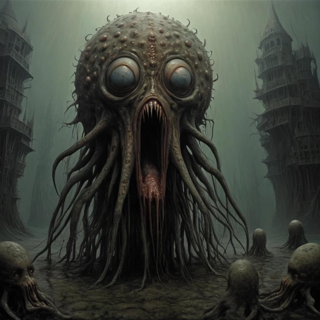 Image with seed 1576166232 generated via Stable Diffusion through @stablehorde@sigmoid.social. Prompt: nightmare horror trypophobia odontophobia thalassophobia disgusting nasty ugly bloody terror, Ph'nglui mglw'nafh Cthulhu R'lyeh wgah'nagl fhtagn! Surrealism, nightmare, fantasy, horror, dark, unsettling, disturbing, Zdzisław Beksiński, Greg Rutkowski, Hieronymus Bosch, H.R. Giger, Frank Frazetta, Moebius, Enki Bilal, Kris Kuksi, Peter Gric ###, attractive, sexy