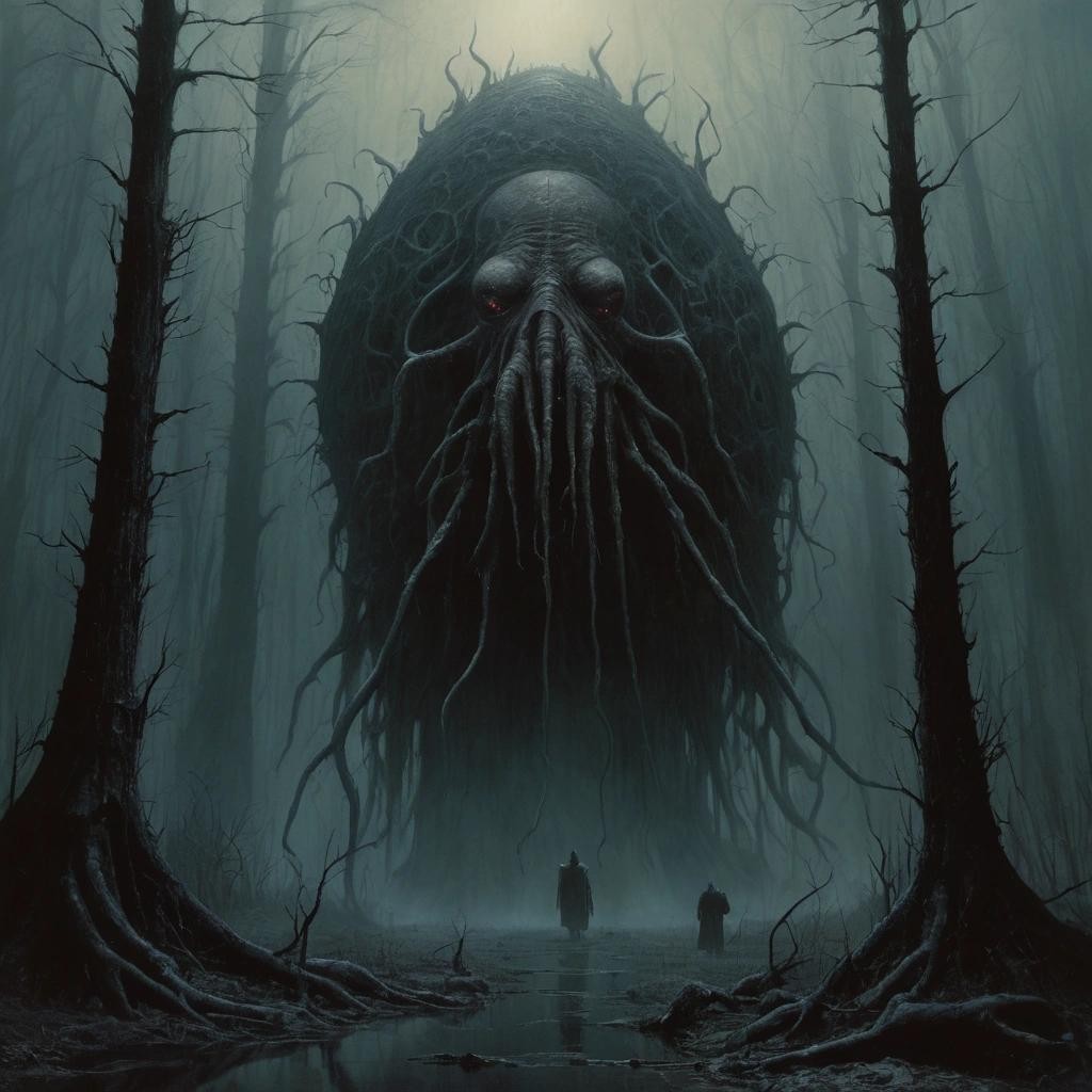 Image with seed 3530306503 generated via Stable Diffusion through @stablehorde@sigmoid.social. Prompt: horror Ph'nglui mglw'nafh Cthulhu R'lyeh wgah'nagl fhtagn! Surrealism, nightmare, fantasy, horror, dark, unsettling, disturbing, Zdzisław Beksiński, Greg Rutkowski, Hieronymus Bosch, H.R. Giger, Frank Frazetta, Moebius, Enki Bilal, Kris Kuksi, Peter Gric  in a dark forest, darkness, fog, very detailed, cold, Editorial illustration, gothic, evil, art by Sam Bosma, painting by H.P. Lovecraft