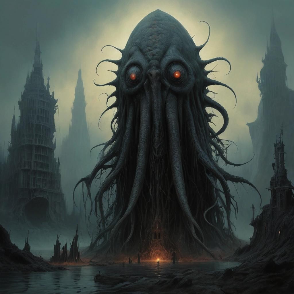 Image with seed 1036771411 generated via Stable Diffusion through @stablehorde@sigmoid.social. Prompt: highly detailed digital painting of Ph'nglui mglw'nafh Cthulhu R'lyeh wgah'nagl fhtagn! Surrealism, nightmare, fantasy, horror, dark, unsettling, disturbing, Zdzisław Beksiński, Greg Rutkowski, Hieronymus Bosch, H.R. Giger, Frank Frazetta, Moebius, Enki Bilal, Kris Kuksi, Peter Gric , highly realistic fantasy concept art by Darek Zabrocki and Zdzisław Beksiński, paint strokes, intricate, eerie scenery, dark volumetric lighting, triadic color scheme, very coherent, sharp focus, illustration, film grain, spooky vibe