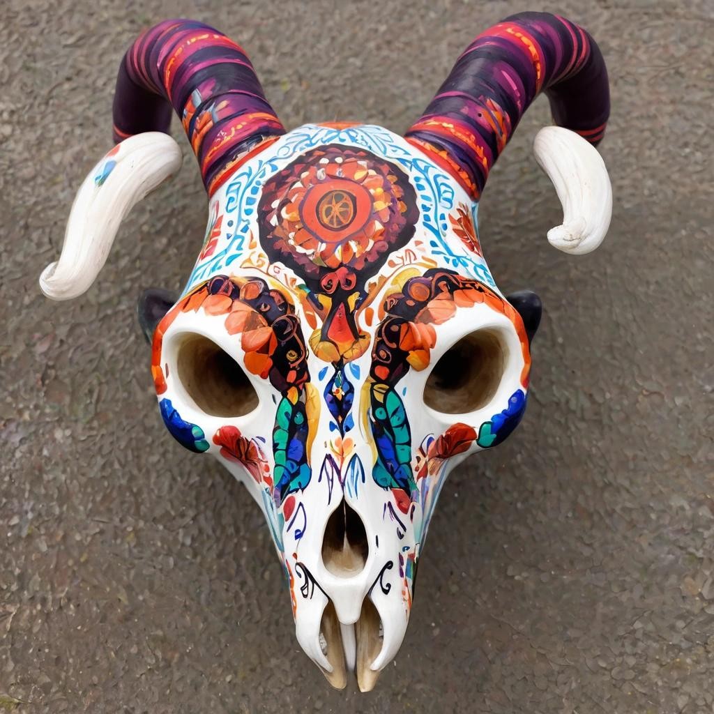 Image with seed 3778889283 generated via Stable Diffusion through @stablehorde@sigmoid.social. Prompt: a male goat skull painted in dia de los muertos colors