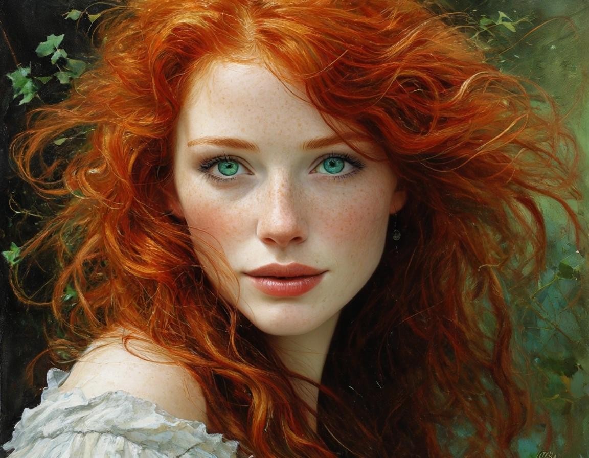 Image with seed 670074957 generated via Stable Diffusion through @stablehorde@sigmoid.social. Prompt: An Irish redhead: impressionist, perfect complexion, beautiful green eyes, fantastic, gorgeous, elegant fantasy, intricate, very attractive, beautiful, crisp quality, collage watercolor and ink shabby chic Jean-Baptiste Monge, Pino Daeni and Josephine Wall and Gil Elvgren 