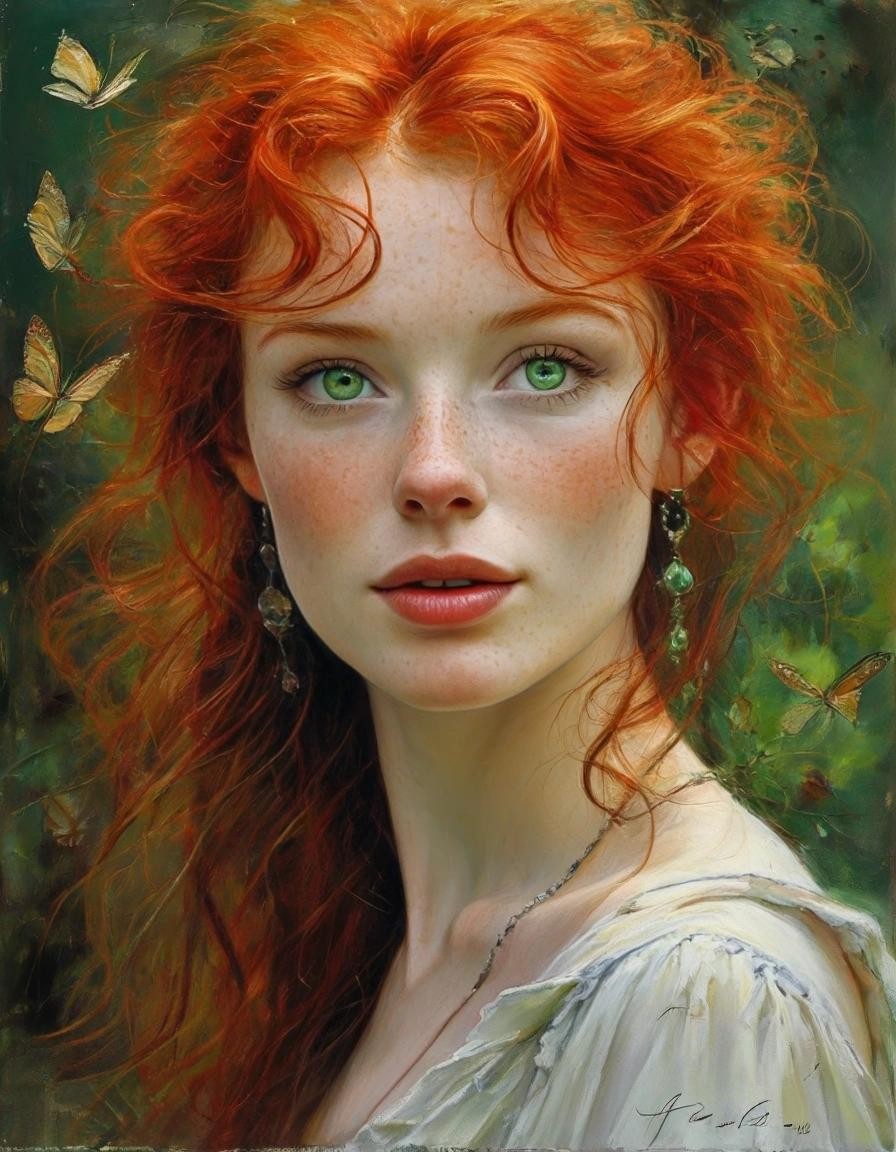 Image with seed 465739311 generated via Stable Diffusion through @stablehorde@sigmoid.social. Prompt: An Irish redhead: impressionist, perfect complexion, beautiful green eyes, fantastic, gorgeous, elegant fantasy, intricate, very attractive, beautiful, crisp quality, collage watercolor and ink shabby chic Jean-Baptiste Monge, Pino Daeni and Josephine Wall and Gil Elvgren 