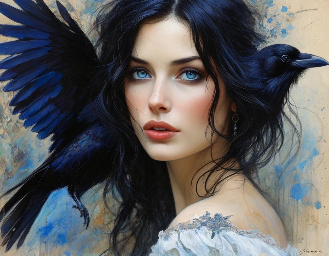 Image with seed 1368751342 generated via Stable Diffusion through @stablehorde@sigmoid.social. Prompt: Raven-haired woman: impressionist, pale complexion, beautiful blue eyes, fantastic, gorgeous, elegant fantasy, intricate, very attractive, beautiful, crisp quality, collage watercolor and ink shabby chic Jean-Baptiste Monge, Pino Daeni and Josephine Wall and Gil Elvgren 