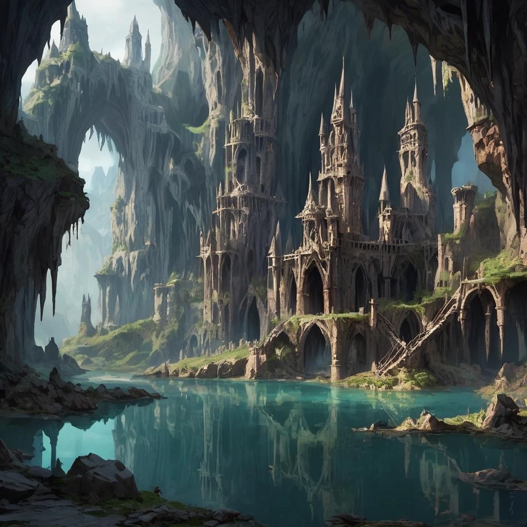Image with seed 375972675 generated via Stable Diffusion through @stablehorde@sigmoid.social. Prompt: a ruined castle in a cave, towers, stalagtites, underground lake, fantasy