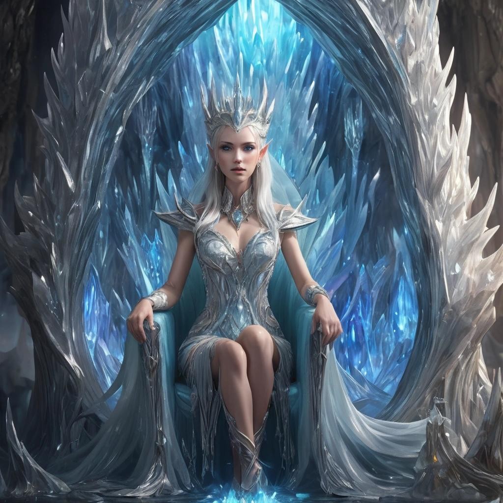 Image with seed 1995667243 generated via Stable Diffusion through @stablehorde@sigmoid.social. Prompt: A crystal cave with an Elven Queen on a throne, pointy ears,(masterpiece), best quality, expressive eyes, perfect face
