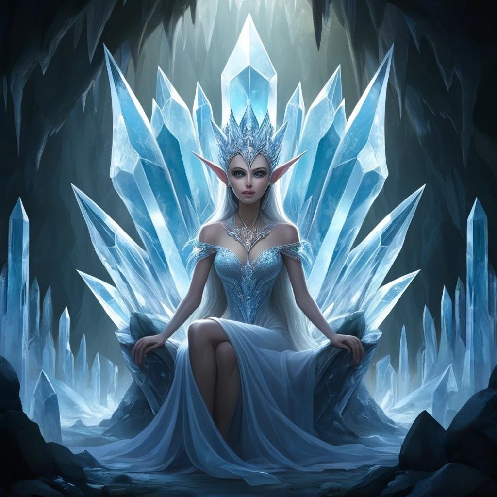 Image with seed 952182120 generated via Stable Diffusion through @stablehorde@sigmoid.social. Prompt: A crystal cave with an Elven Queen on a throne, pointy ears,(masterpiece), best quality, expressive eyes, perfect face 