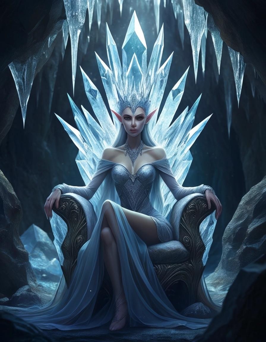 Image with seed 1750638471 generated via Stable Diffusion through @stablehorde@sigmoid.social. Prompt: A crystal cave with an Elven Queen on a throne, pointy ears,(masterpiece), best quality, expressive eyes, perfect face 