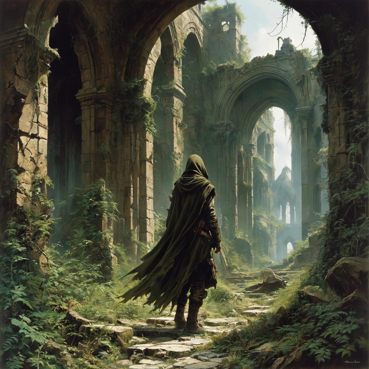 Image with seed 2580278134 generated via Stable Diffusion through @stablehorde@sigmoid.social. Prompt: A lonely adventurer wearing a hooded cloak entering the ruins of a once splendid city now overgrown with vegetation, Dungeons and Dragons, Frank Frazetta, Luis Royo, Julie Bell, Boris Vallejo, poster, high detail 