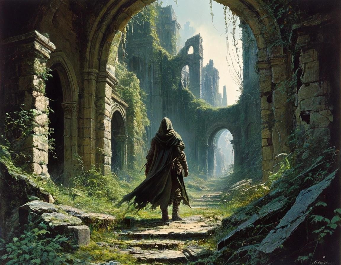 Image with seed 2130587351 generated via Stable Diffusion through @stablehorde@sigmoid.social. Prompt: A lonely adventurer wearing a hooded cloak entering the ruins of a once splendid city now overgrown with vegetation, Dungeons and Dragons, Frank Frazetta, Luis Royo, Julie Bell, Boris Vallejo, poster, high detail 
