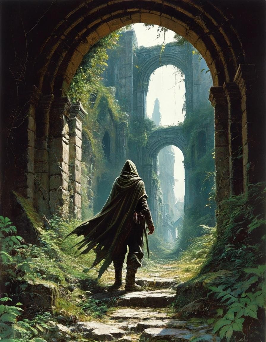 Image with seed 336699888 generated via Stable Diffusion through @stablehorde@sigmoid.social. Prompt: A lonely adventurer wearing a hooded cloak entering the ruins of a once splendid city now overgrown with vegetation, Dungeons and Dragons, Frank Frazetta, Luis Royo, Julie Bell, Boris Vallejo, poster, high detail 