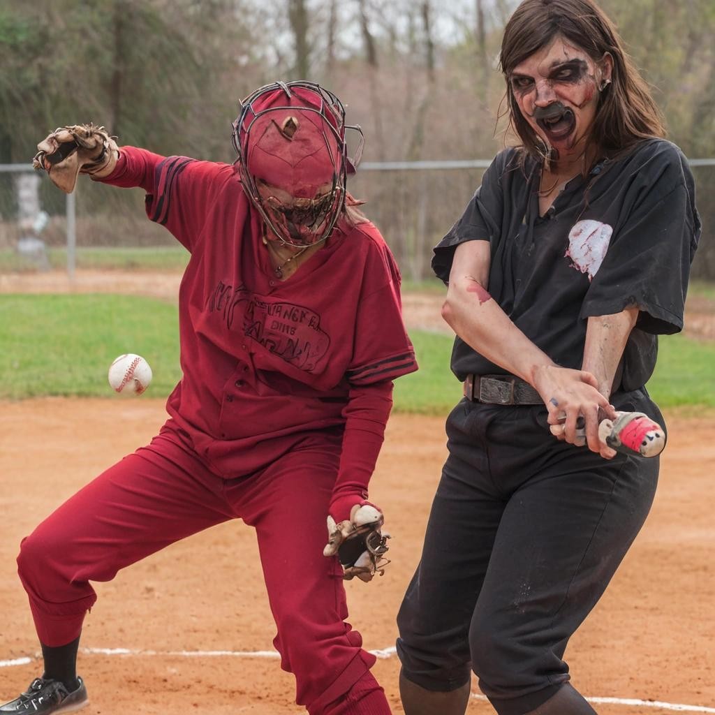 Image with seed 1581324296 generated via Stable Diffusion through @stablehorde@sigmoid.social. Prompt: "playing softball with the devil"