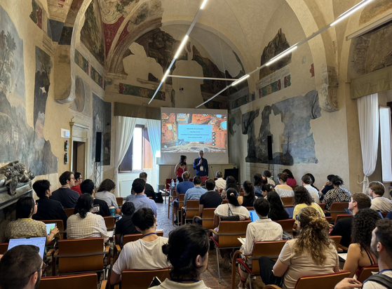 Valentina Presutti and Harald Sack (lysander07@sigmoid.social), co-directors of the International Semantic Web Research Summer School 2024, at the opening session of ISWS2024 in the Fresco Room at Bertinoro Castle.