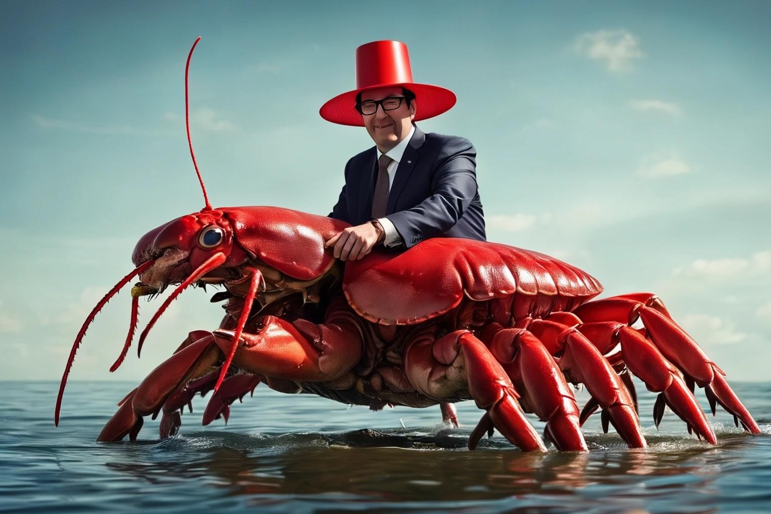 Image with seed 1628673511 generated via Stable Diffusion through @stablehorde@sigmoid.social. Prompt: John Oliver riding a giant Red Lobster wearing a hat 