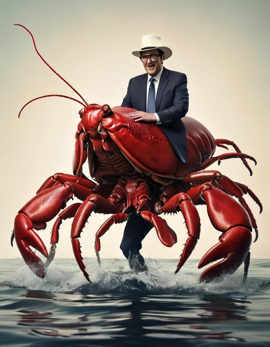 Image with seed 4257477468 generated via Stable Diffusion through @stablehorde@sigmoid.social. Prompt: John Oliver riding a giant Red Lobster wearing a hat 