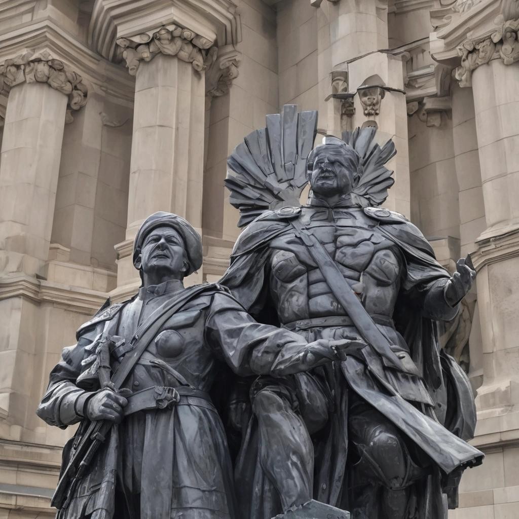 Image with seed 3385822200 generated via Stable Diffusion through @stablehorde@sigmoid.social. Prompt: a heroic statue of ukrainian President Selenskyj in front of the german Reichstag