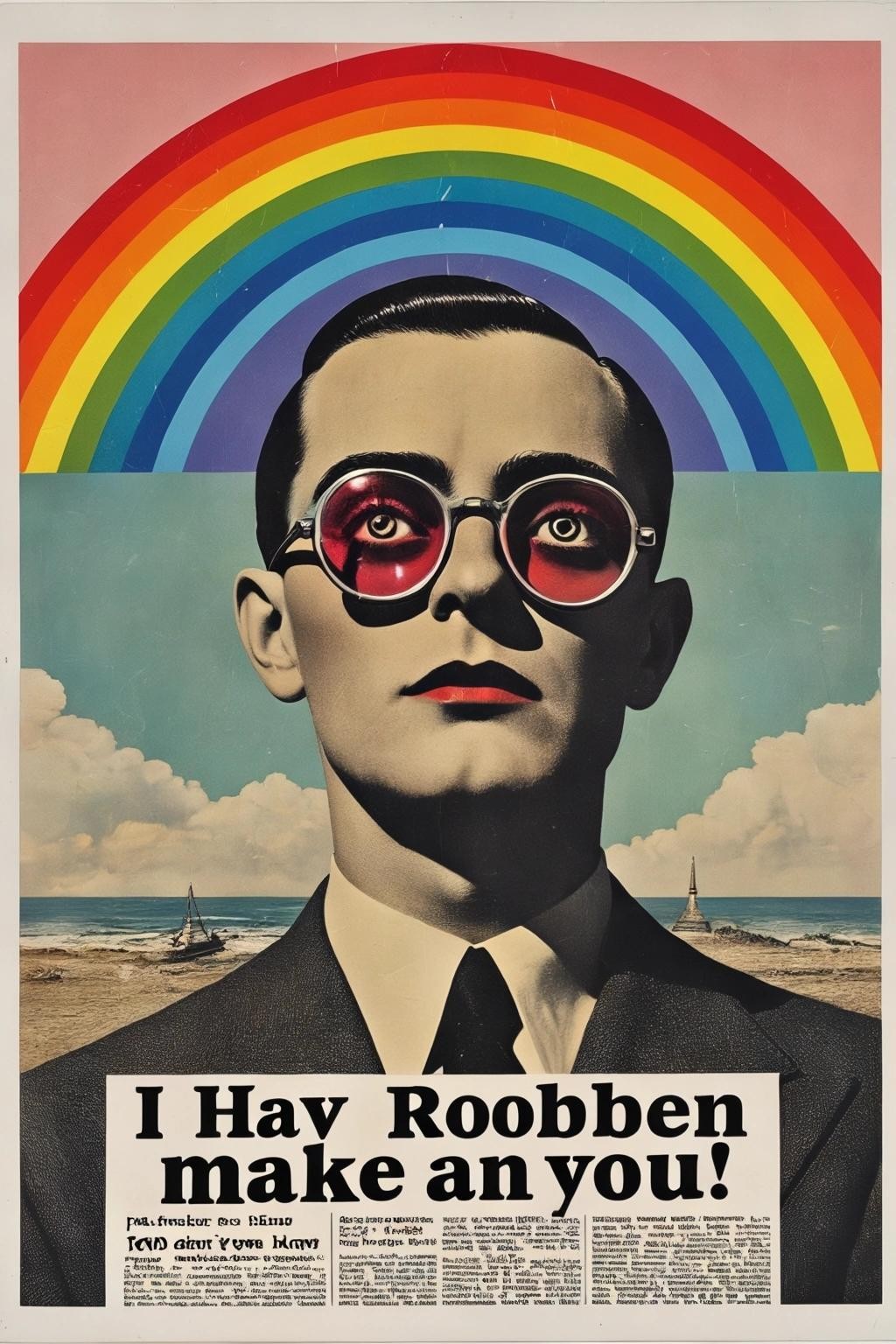 Image with seed 3759220441 generated via Stable Diffusion through @stablehorde@sigmoid.social. Prompt: I have robbed the rainbow to make you gay! Collage, mixed media, dada, surrealism, vintage print adverts 