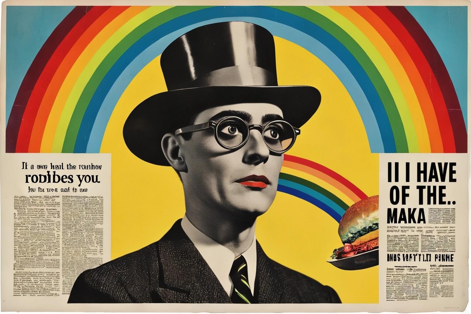 Image with seed 1138757261 generated via Stable Diffusion through @stablehorde@sigmoid.social. Prompt: I have robbed the rainbow to make you gay! Collage, mixed media, dada, surrealism, vintage print adverts 