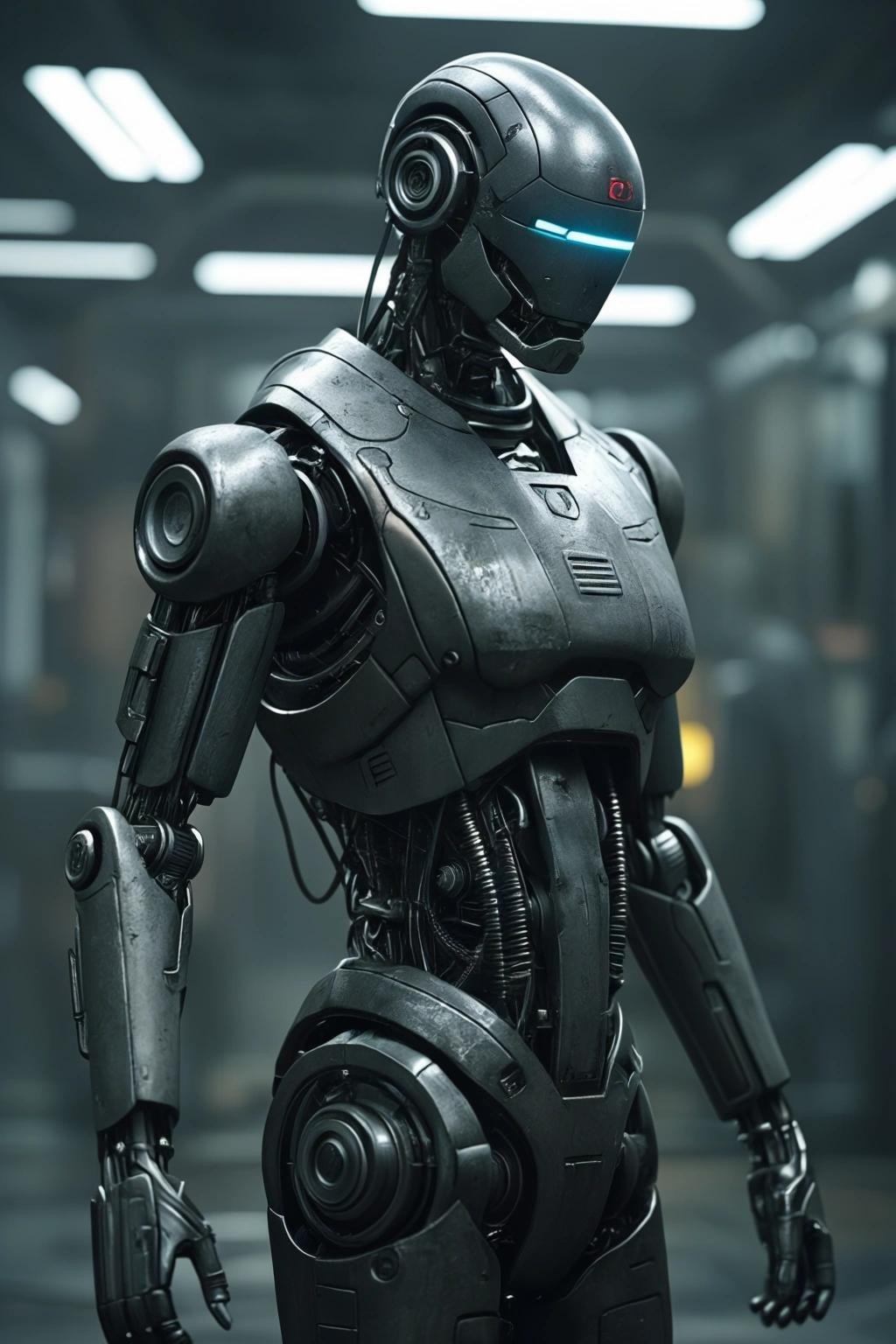 Image with seed 3615452113 generated via Stable Diffusion through @stablehorde@sigmoid.social. Prompt: Greetings, Citizen 4CCF4915. Please undress and put on the suit provided for you. An android will soon come to pick you up. Dystopian, cyberpunk, broken future, science fiction, dark, age of the machines, 