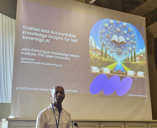 John Doming in front of his opening slides for the tutorial "Trusted and Accountable Knowledge Graphs for Self Sovereign AI" at ISWS 2024.