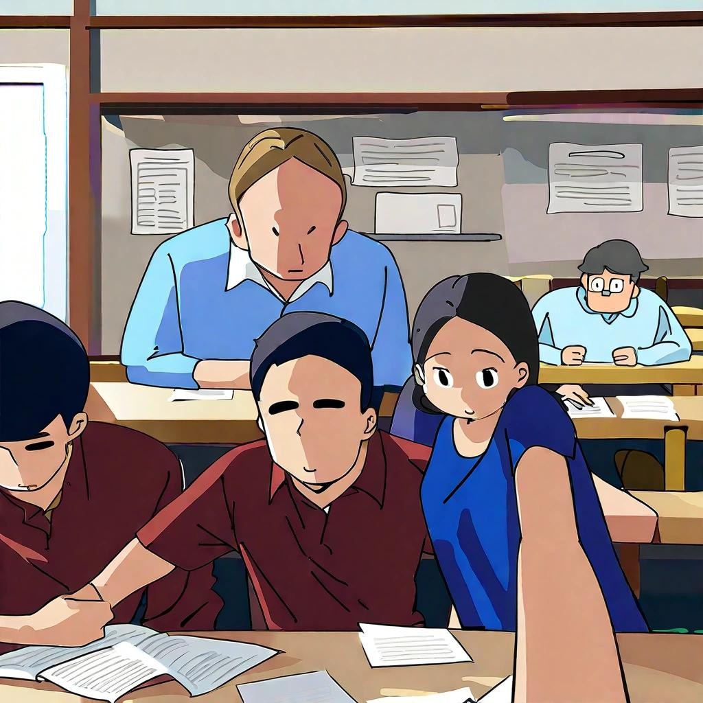 Image with seed 474653311 generated via Stable Diffusion through @stablehorde@sigmoid.social. Prompt: a girl in a blue shirt and a boy in a red shirt sitting in a classroom writing an exam with a teach in the background observing them ###aidxlv05_neg,