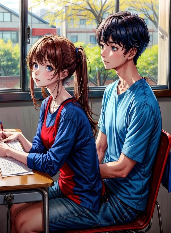 Image with seed 2338242523 generated via Stable Diffusion through @stablehorde@sigmoid.social. Prompt: a girl in a blue shirt and a boy in a red shirt sitting in a classroom writing an exam with a teach in the background observing them ###, embedding:16993
