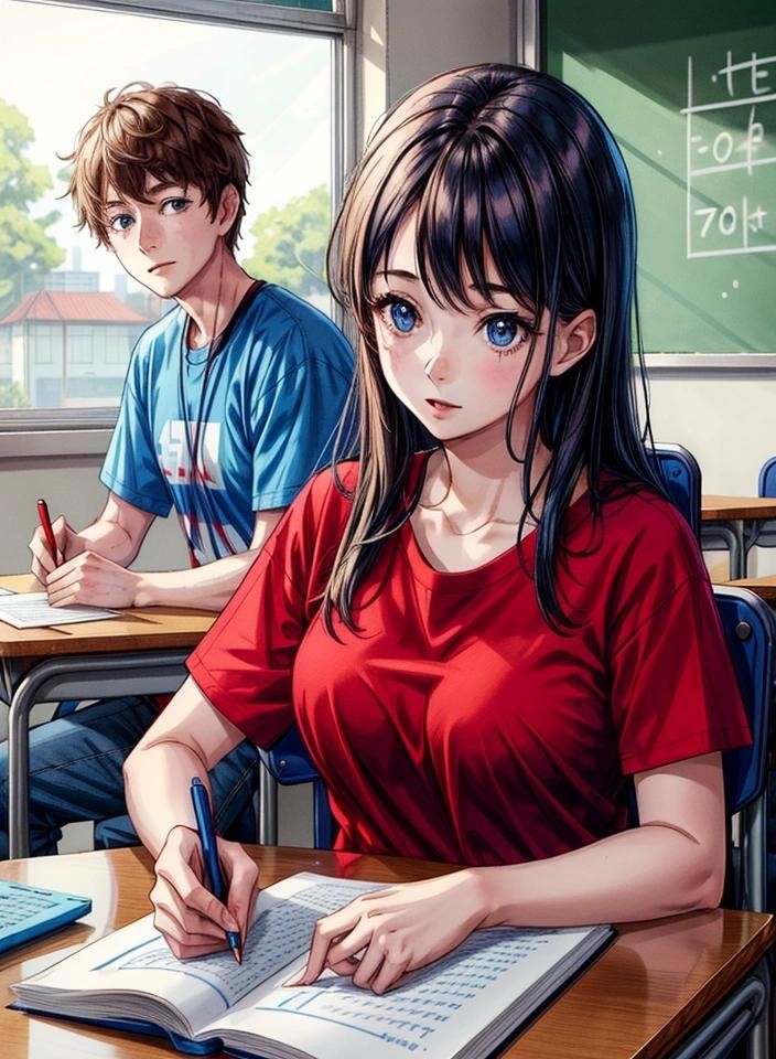 Image with seed 3271779375 generated via Stable Diffusion through @stablehorde@sigmoid.social. Prompt: a girl in a blue shirt and a boy in a red shirt sitting in a classroom next to each other and writing an exam, a teacher in the background observes both of them ###, embedding:16993