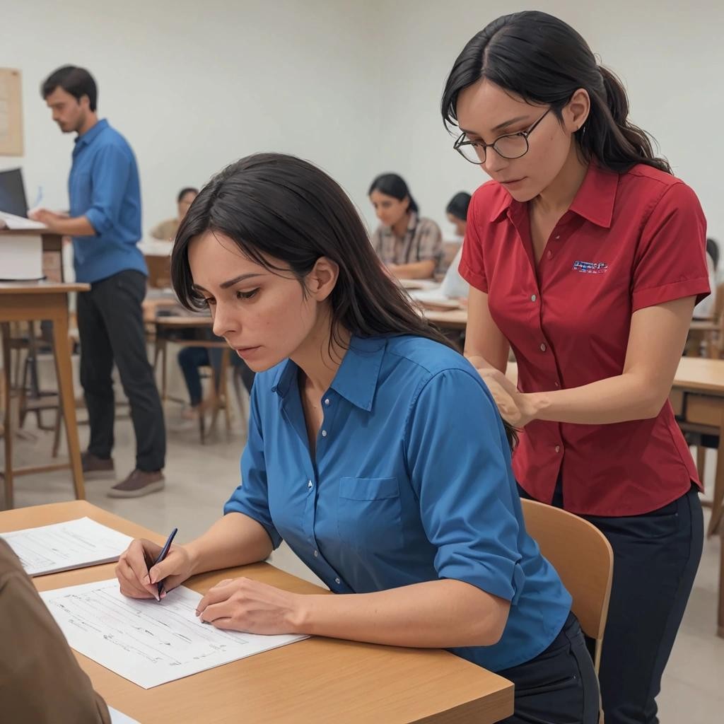 Image with seed 1251038263 generated via Stable Diffusion through @stablehorde@sigmoid.social. Prompt: a girl in a blue shirt and a boy in a red shirt sitting in a classroom next to each other and writing an exam, a teacher in the background observes both of them ###