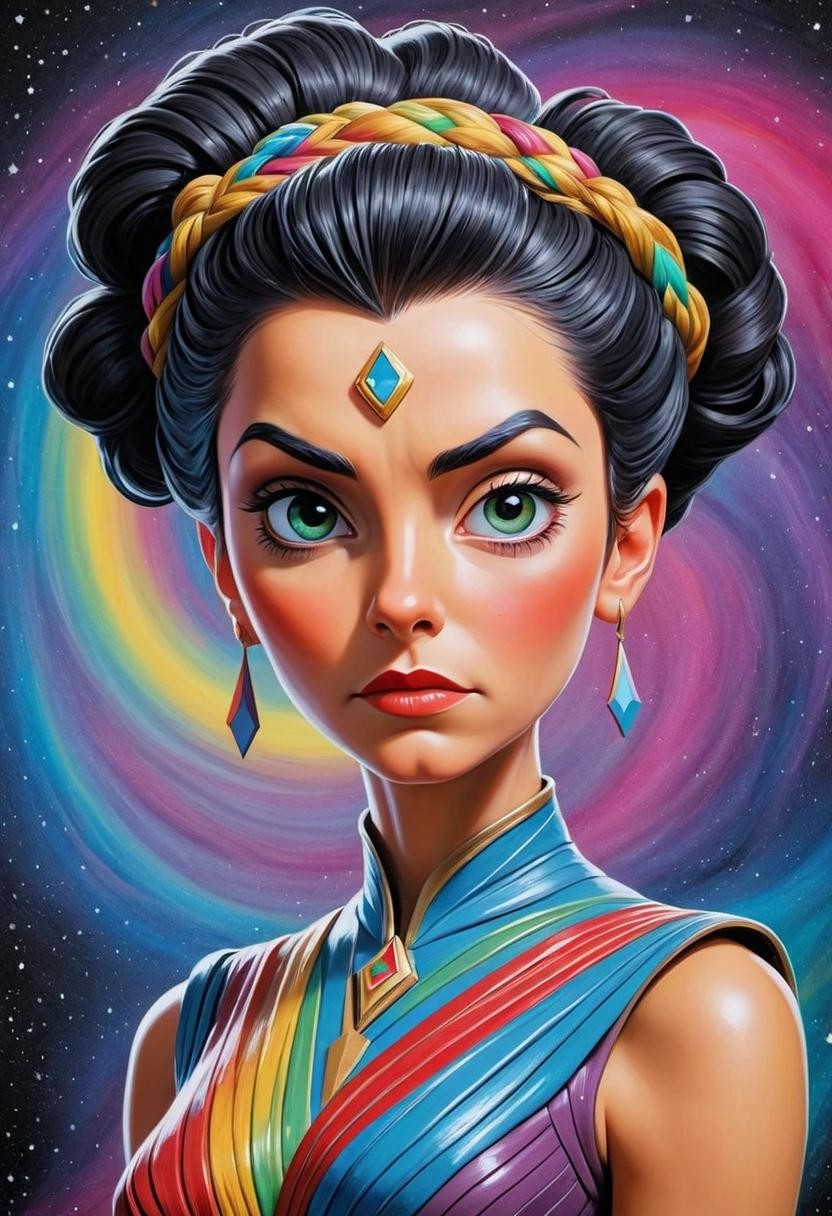 Image with seed 4167058831 generated via Stable Diffusion through @stablehorde@sigmoid.social. Prompt: T'Pring, Star Trek, Vulcan princess, hair in a complicated braided updo, glittery rainbow Vulcan dress, cartoon poster art, painting, acrylics on cardboard 