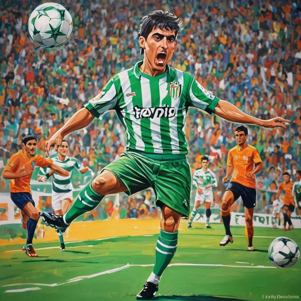 Image with seed 1034782604 generated via Stable Diffusion through @stablehorde@sigmoid.social. Prompt: Joaquín Sanchez, Real Betis' mythical number 17, during a match at the Benito Villamarín stadium., cartoon poster art, paintint, acrylics on cardboard, style fustercluck.