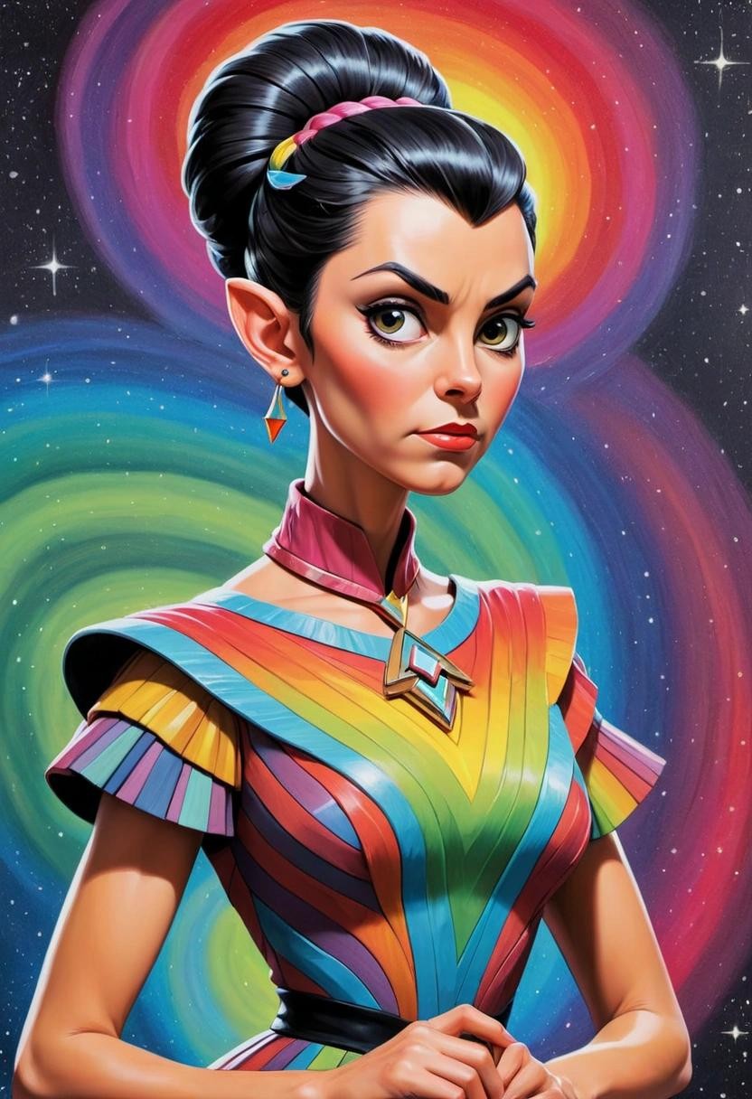 Image with seed 3265095618 generated via Stable Diffusion through @stablehorde@sigmoid.social. Prompt: T'Pring, Star Trek, (pointy ears), (Vulcan) princess, hair in a complicated braided updo, glittery rainbow Vulcan dress, cartoon poster art, painting, acrylics on cardboard 
