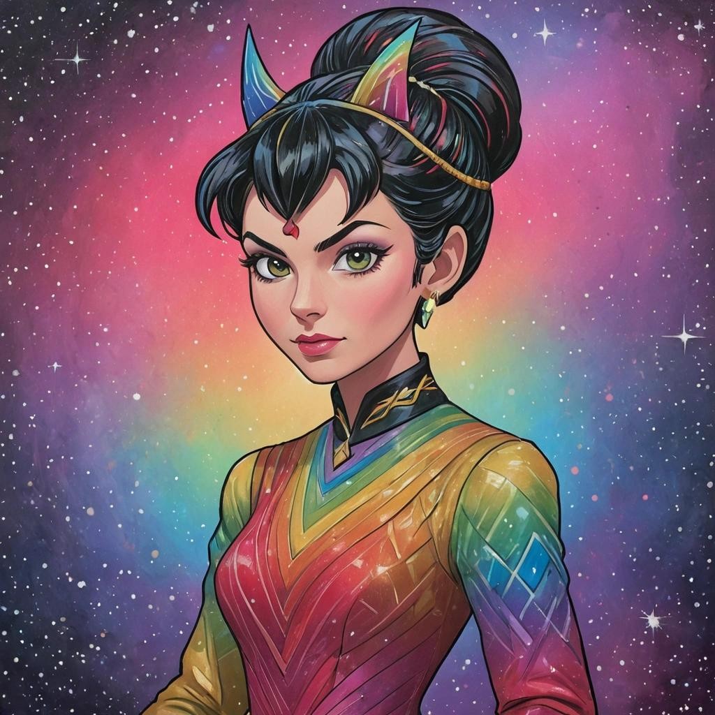 Image with seed 2360084760 generated via Stable Diffusion through @stablehorde@sigmoid.social. Prompt: T'Pring, Star Trek, (pointy ears), (Vulcan) princess, hair in a complicated braided updo, glittery rainbow Vulcan dress, cartoon poster art, painting, acrylics on cardboard ###