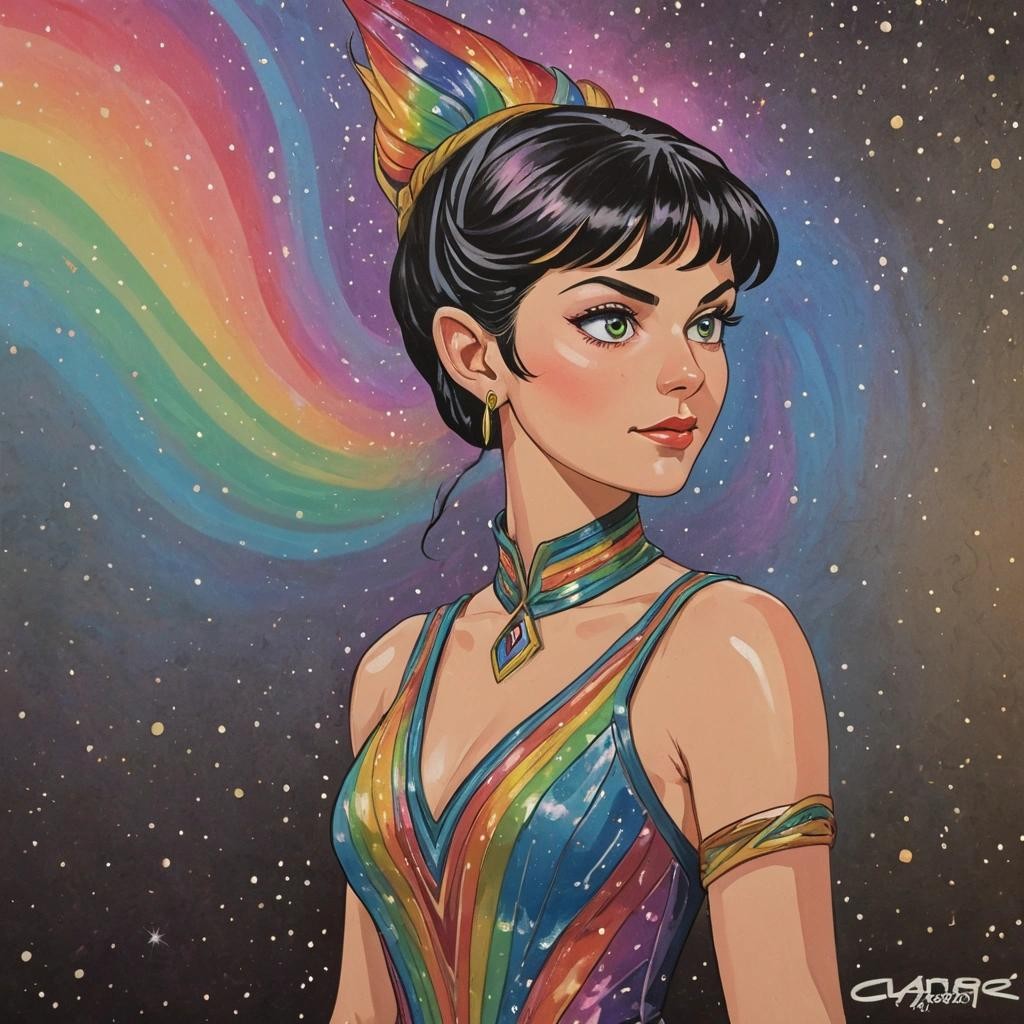 Image with seed 1992818670 generated via Stable Diffusion through @stablehorde@sigmoid.social. Prompt: T'Pring, Star Trek, (Elf ears), (Vulcan) princess, hair in a complicated braided updo, glittery rainbow Vulcan dress, cartoon poster art, painting, acrylics on cardboard ###