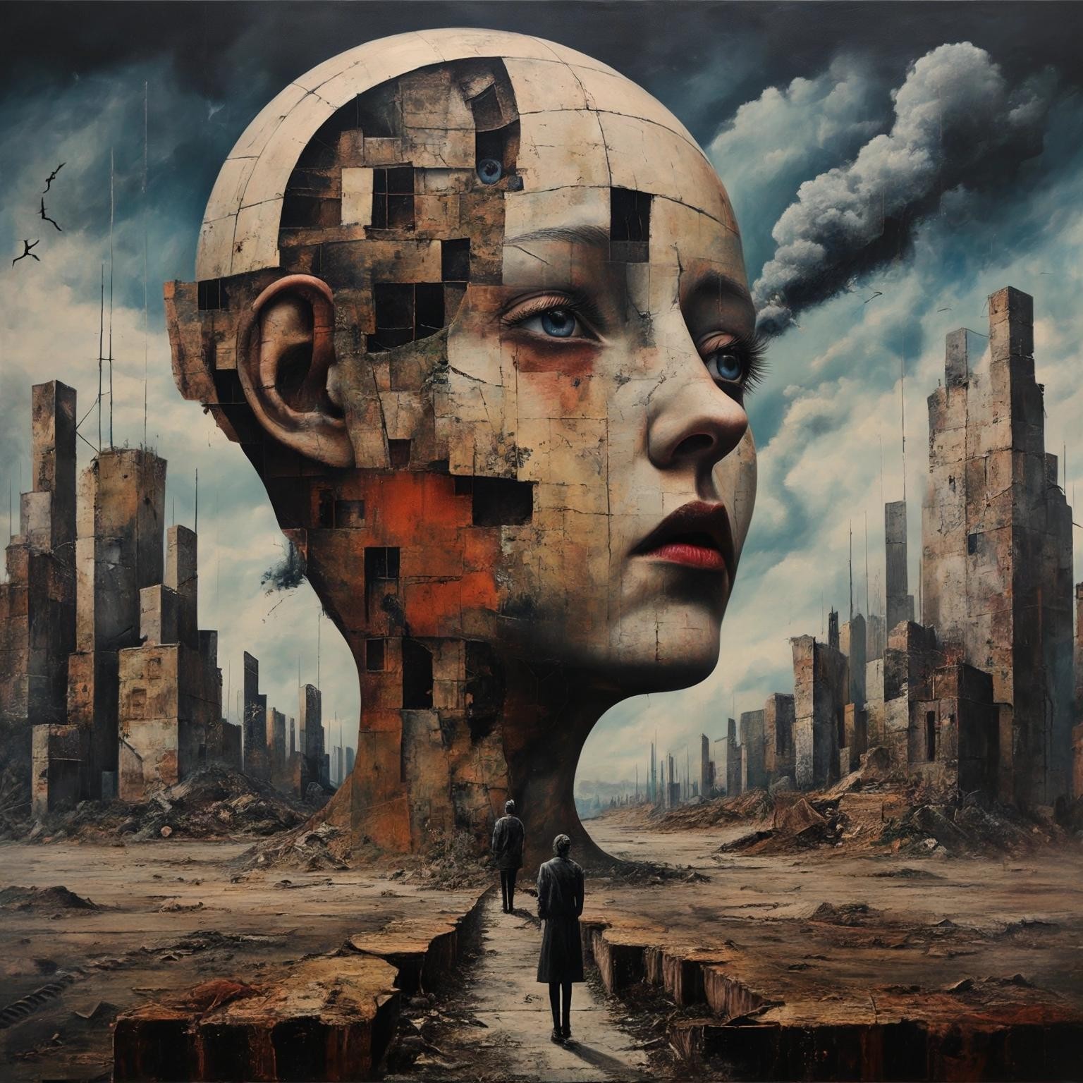 Image with seed 1415908776 generated via Stable Diffusion through @stablehorde@sigmoid.social. Prompt: The Age of Lost Dreams. mixed media, collage, oil painting, surrealism, dada, dystopian, lost civilisation, post-apocalyptic dark age, post-industrial, post-collapse, cyberpunk, silly, weird, dark humour, anti-capitalist 