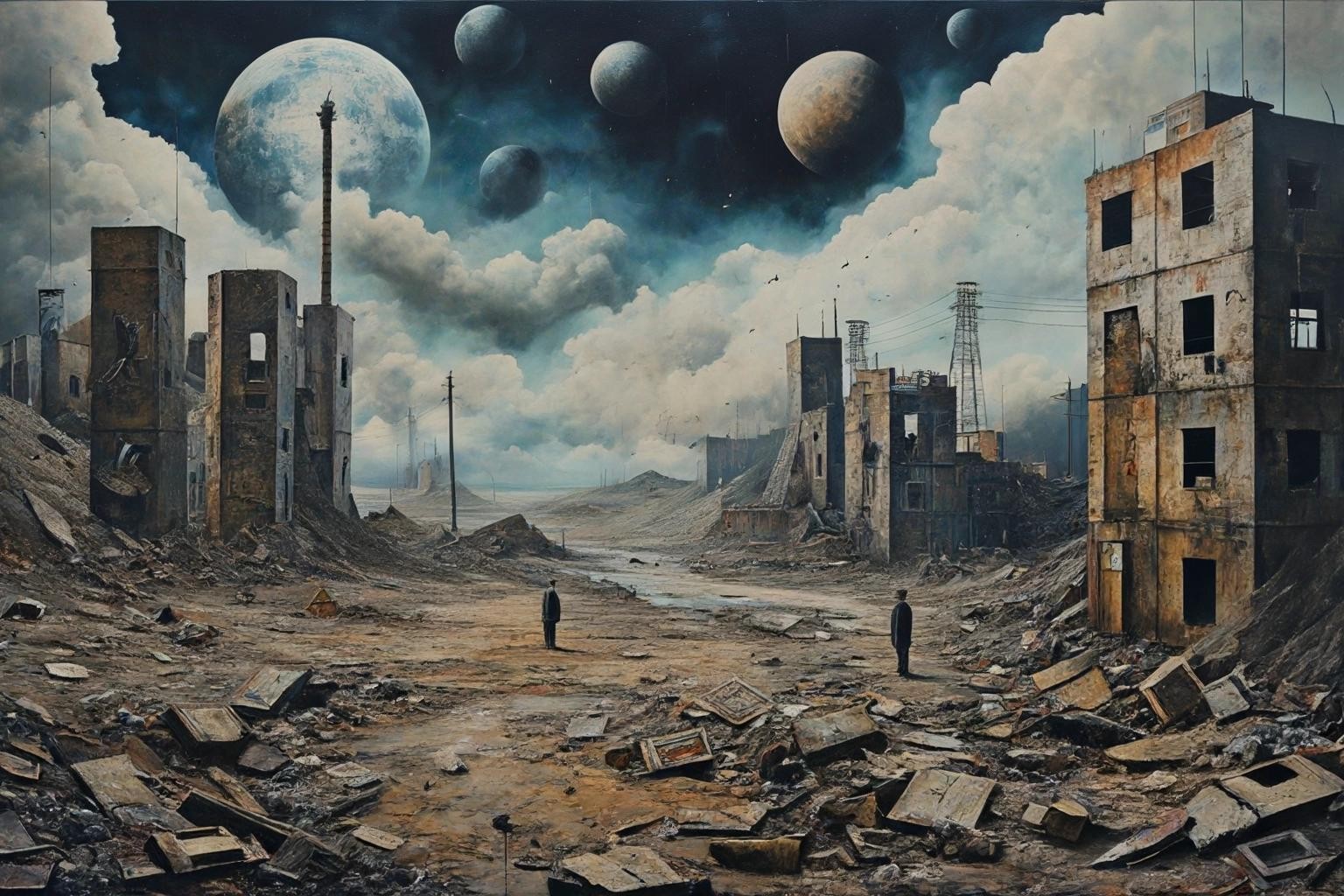 Image with seed 910923583 generated via Stable Diffusion through @stablehorde@sigmoid.social. Prompt: The Age of Lost Dreams. mixed media, collage, oil painting, surrealism, dada, dystopian, lost civilisation, post-apocalyptic dark age, post-industrial, post-collapse, cyberpunk, silly, weird, dark humour, anti-capitalist 